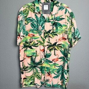 Denim & Flower Flamingo Palm Tree Hawaiian Aloha Print Button Up Shirt Sh/SL Lg